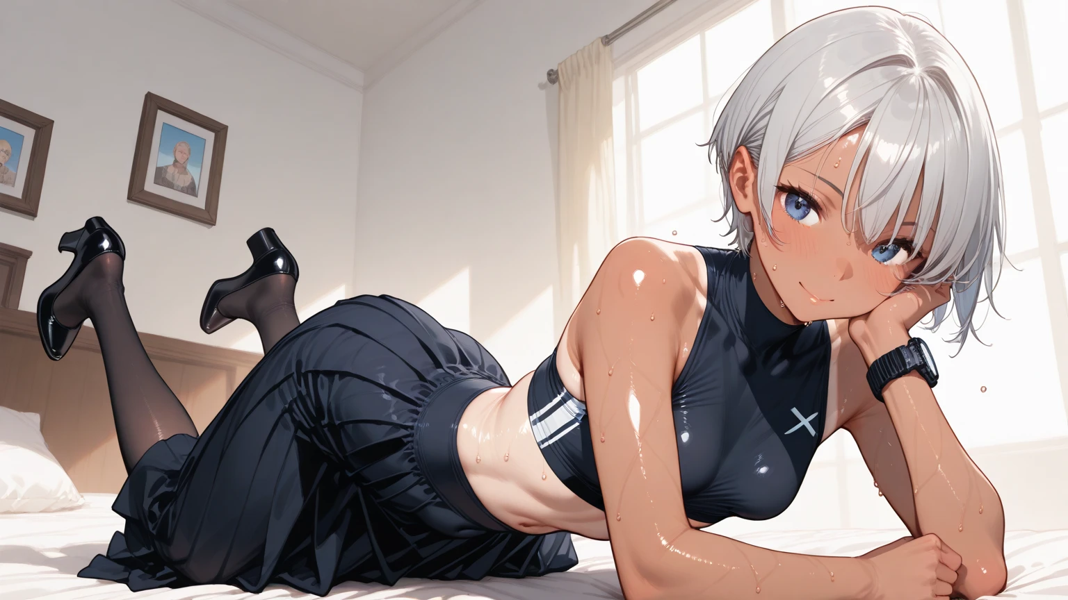 (((best quality)), ((masterpiece)), (details), masterpiece, best quality, high quality, ulutra detailed, perfect face, ((1girl, blue eyes, cat ears: 1.3 silver bob hair: 2.5,)) 、Shiny Hair、Glowing Skin、blush、Lustful look、Small breasts、Sports Bra、Yoga Leggings、Yoga poses、studio、Prone、Push up your ass、Side Angle、Sexy