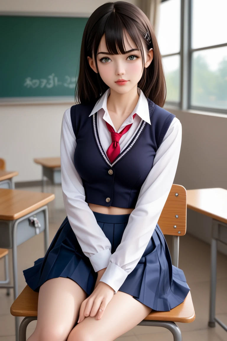 1girl, extremely cute face, Amazing face and eyes, (highly detailed eyes, highly detailed face), (hyper-realistic, hight resolution), (best Quality:1.4), Raw photo, (Realistic, Photorealsitic:1.37), Professional Photography, Cinematic Light, (lace bra:1.25), (amazing breasts:0.8), (school uniform, pleated mini skirt:1.5), (school uniform with open breasts), Smile slightly, Sitting, spread your legs wide open, Staring at me, outdoor, city, skyscraper,