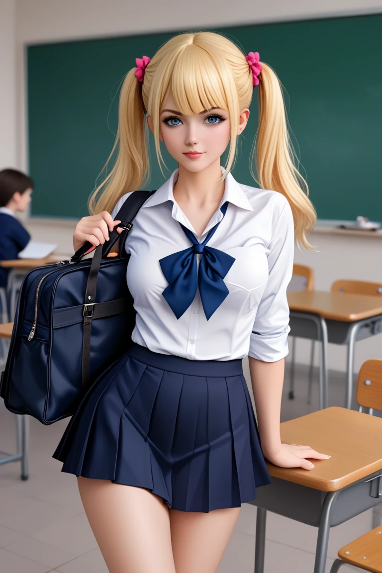 score_9, score_8_up, score_7_up, score_6_up, 1girl, solo, ((my dress up darling marin kitagawa:1.3)), long blonde hair, pink eyes, medium breasts, white unbuttoned shirt, tucked shirt, dark blue tie, looking at viewer, choker, blush, navel, perfect breasts, closed lips, leaning forward, arms behind back, ligh blue pleated skirt, thigh gap, realistic, photorealistic, raw, classroom background, detailed skin, perfect eyes