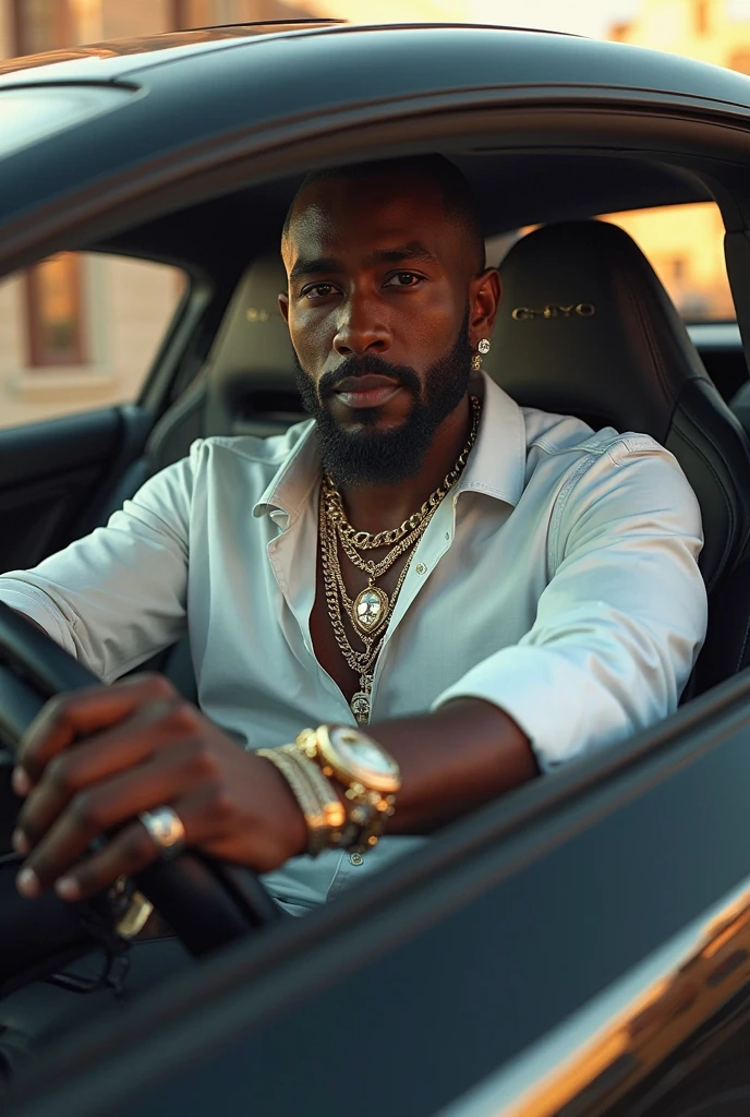A rapper sitting in a red Ferrari, with a shiny chain around his neck and a gold watch on his wrist