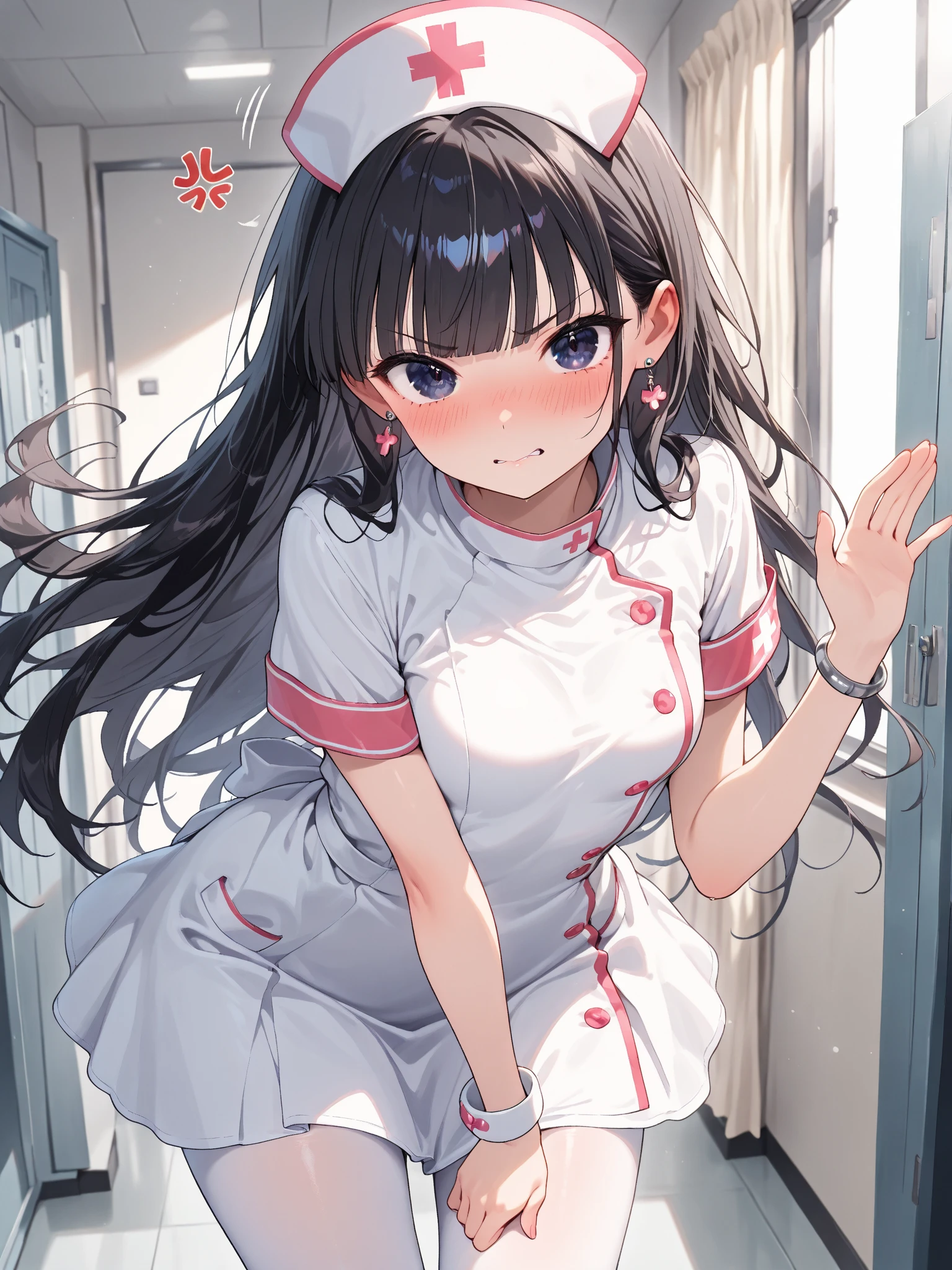 (masterpiece: 1.3、Highest quality、Ultra-high resolution、Very detailed)、(Genuine、Realistic)、born、Beautiful illustrations、Perfect lighting、Natural light、Depth of the Boundary、Beautiful and detailed hair、美しくDetailed face、Beautiful details、、(Perfect Anatomy、Anatomically correct)、Cute and symmetrical face、Baby Face、Perfect Face、Glowing Skin、Long eyelashes、One Woman, Nurse uniform,Nurse cap, Are standing, (I put my hands on my knees), hospital, ((In the crowd)), (Dressed), Black medium long hair, (close your eyes), Open your mouth, (((shy))), ((Embarrassing)), Frowning,Large Breasts, Glamour body, Chest Focus Star Piece, Highest quality:1.4), (8k, RAW Photos, 写真 Genuine:1.2), Glowing Skin, Detailed skin, Detailed face, fine grain,