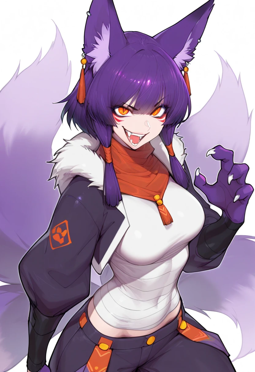Wolfie, solo, looking at viewer, grin, leather pant, trench coat, boots, spiral breast, playing red guitar, standing, detailed eyes, detailed face, long ears, earrings, spike caller, sharp teeth, furry shoulders, furry arms, best quality, perfect quality, masterpiece, full body view