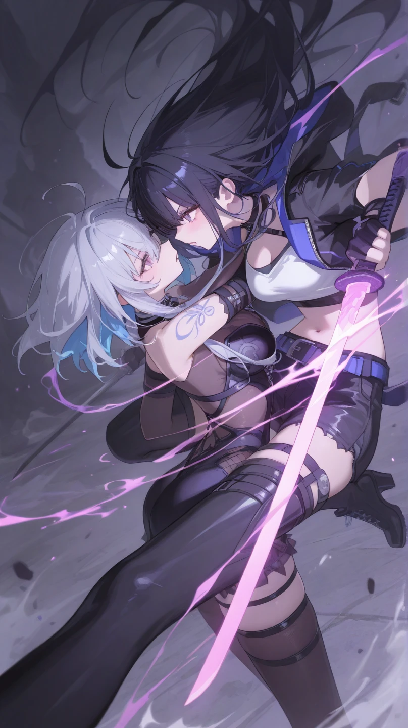 score_9, score_8_up, score_7_up, source_anime, 21feralscent, high quality, masterpiece, from side, (1girl), (loli), 2boys, white hair, wolf ears, multiple boys, threesome, spitroast, mmf threesome, ((fellatio)) suspended in midair, black leotard, black collar, black sleeves, spiked armlet, hip straps, black thighhighs, flat chest, leotard aside, pussy, large insertion, large penis, veiny penis, thick penis, vaginal, sex, long hair, cum in mouth,, breasts out, nipples, arm grab, dark theme, mechanical background, purple lightning,
