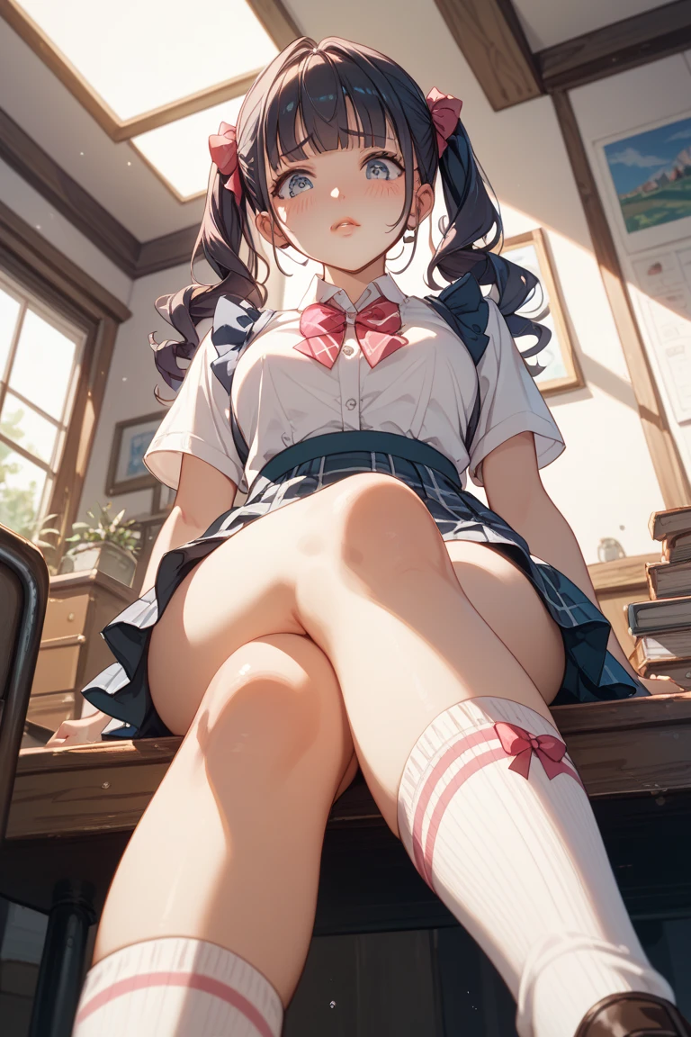 (masterpiece、top-quality、hight resolution、photos realistic、real looking skin:1.1)、Japan girls at 15 years old、full bodyesbian、Beautiful eyes、Shining eyes、embarrassed from、short twintails、(Collared shirt with short sleeves、pleatedskirt、bow ribbon:1.1)、(Fully exposed panties:1.5)、(Dark blue high socks:1.5)、(M-shaped legs:1.5)、(arms behind back:1.5)、On the bed in the bedroom、(linen child panties:1.5)、nsfw