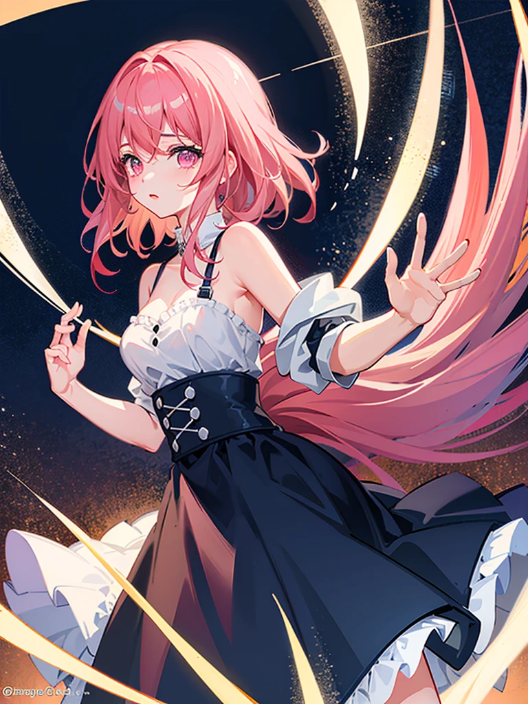 1 girl, cowboy shot, rubble ruins, anger, (battle preparation:1.2), open your mouth, (night:1.2), explosive inflammation, woman, medb, long hair, pink hair, (yellow eyes:1.5), elbow gloves, gloves, white gloves, dress, white dress, skirt, white skirt, tiara, highest quality, masterpiece, High resolution, arm out,