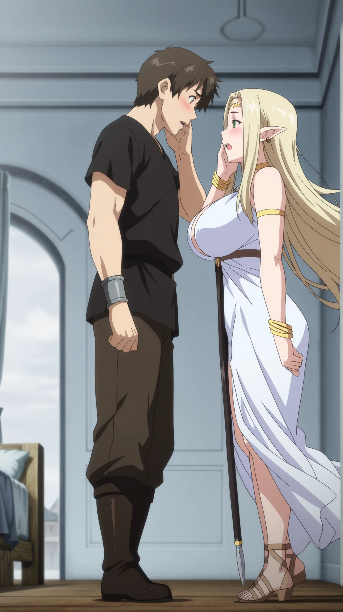 ((Highest quality)), ((masterpiece)), (detailed), (Perfect Face)、The woman is the Greek goddess Tyatia, wearing a white Doric chiton from ancient Greece, with medium blonde hair and green eyes.、A woman is smiling gently in a temple of ancient Greek mythology and wearing an ancient Greek white Doric chiton、The woman is flirting and fondling a bearded, middle-aged male god from ancient Greek mythology.、the woman is pregnant