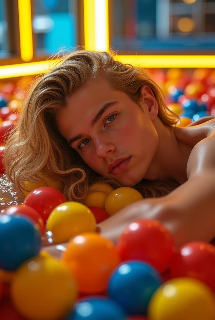 15-year-old boy, lying on big blue balloons, blowing big yellow balloons, wearing small blue speedos, shirtless, abs, thin body, slim body, handsome, young boy, youthful, boyish, cute, black military sunglasses, rayban aviators, photography, realistic, big yellow balloons, big blue balloons, indoor soft lighting