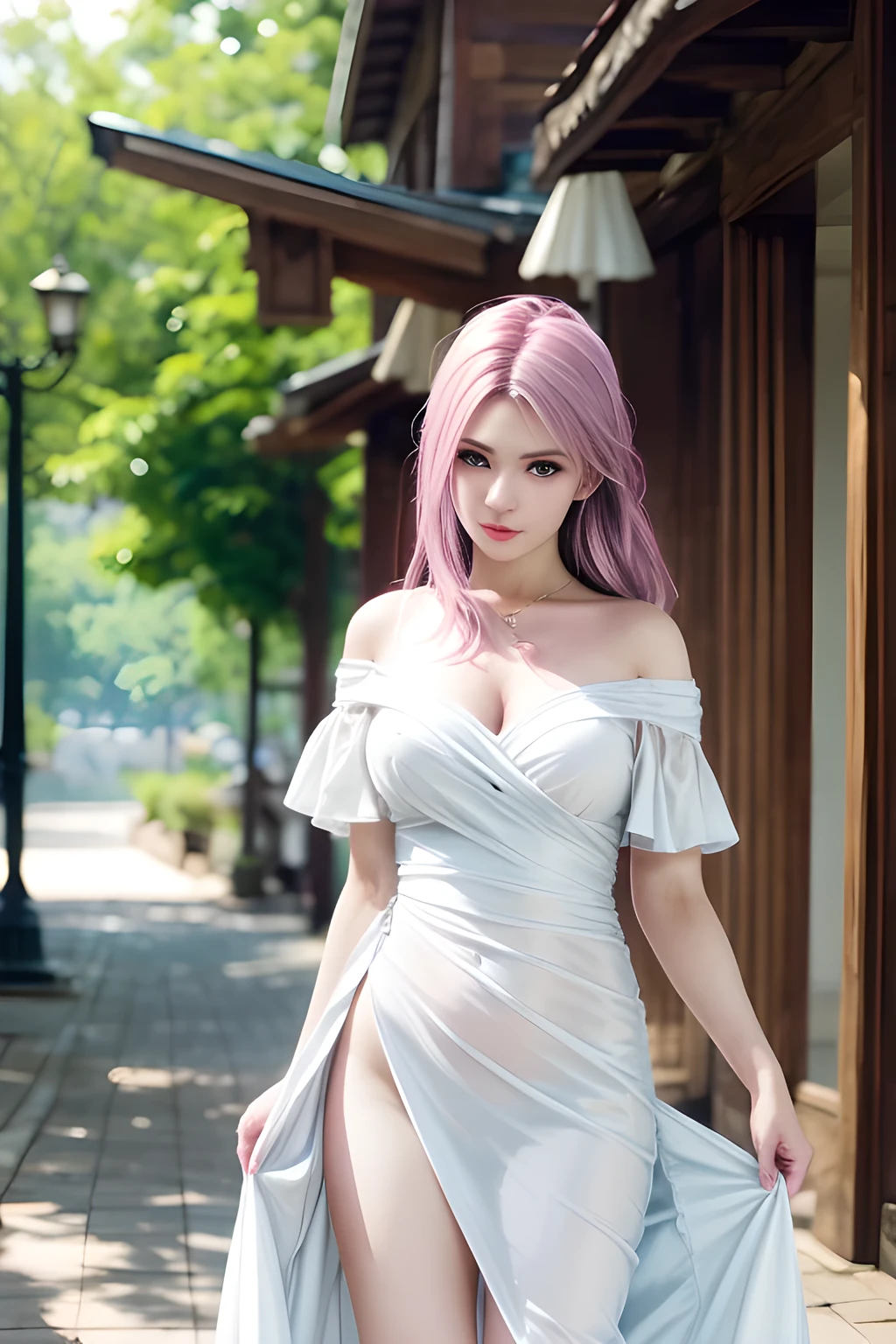 1 girl,Alice,(pajamas),(White strapless dress:1.4),Outdoor activities, (standing posture),grace,(((red lips))), Lips slightly open, clavicle,Lactation,(huge breasts),skin shiny,((8k, original photo, top quality, masterpiece), HD RAW color photos professional close-up photos, (actual, photorealism: 1.37), (best quality),8k,Fabric luster,alone,