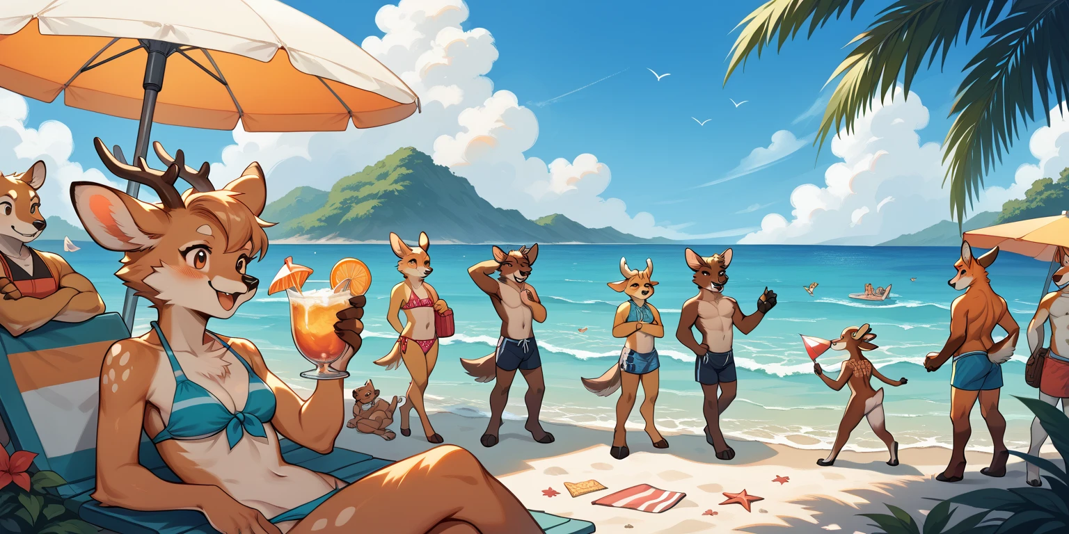 realistic anime, anthro, skinny white small white rabbit kissing a giant muscular deer while strolling on a beach, wearing thong, crotch bulge