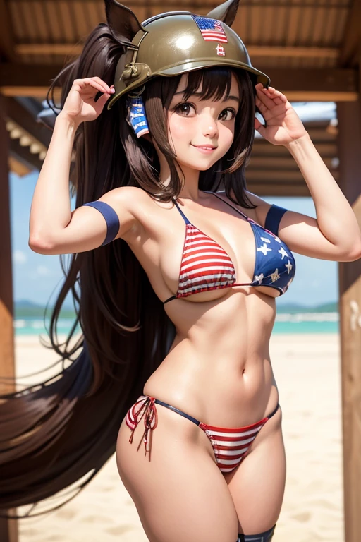 (masterpiece), (best quality), (beautiful eyes and face), (perfect female body), (shiny skin),
<lora:nyotengu-lora-v1-128dim-11ep:0.8>,
looking at viewer, cowboy shot,
1girl, solo, nyotengu, long hair, black hair, blunt bangs, purple eyes,
large breasts,
smile,
standing, arms up, arms behind back,
<lora:american_flag_bikini_v0.2:0.8>, american flag bikini,
outdoors, beach, ocean, palm tree,