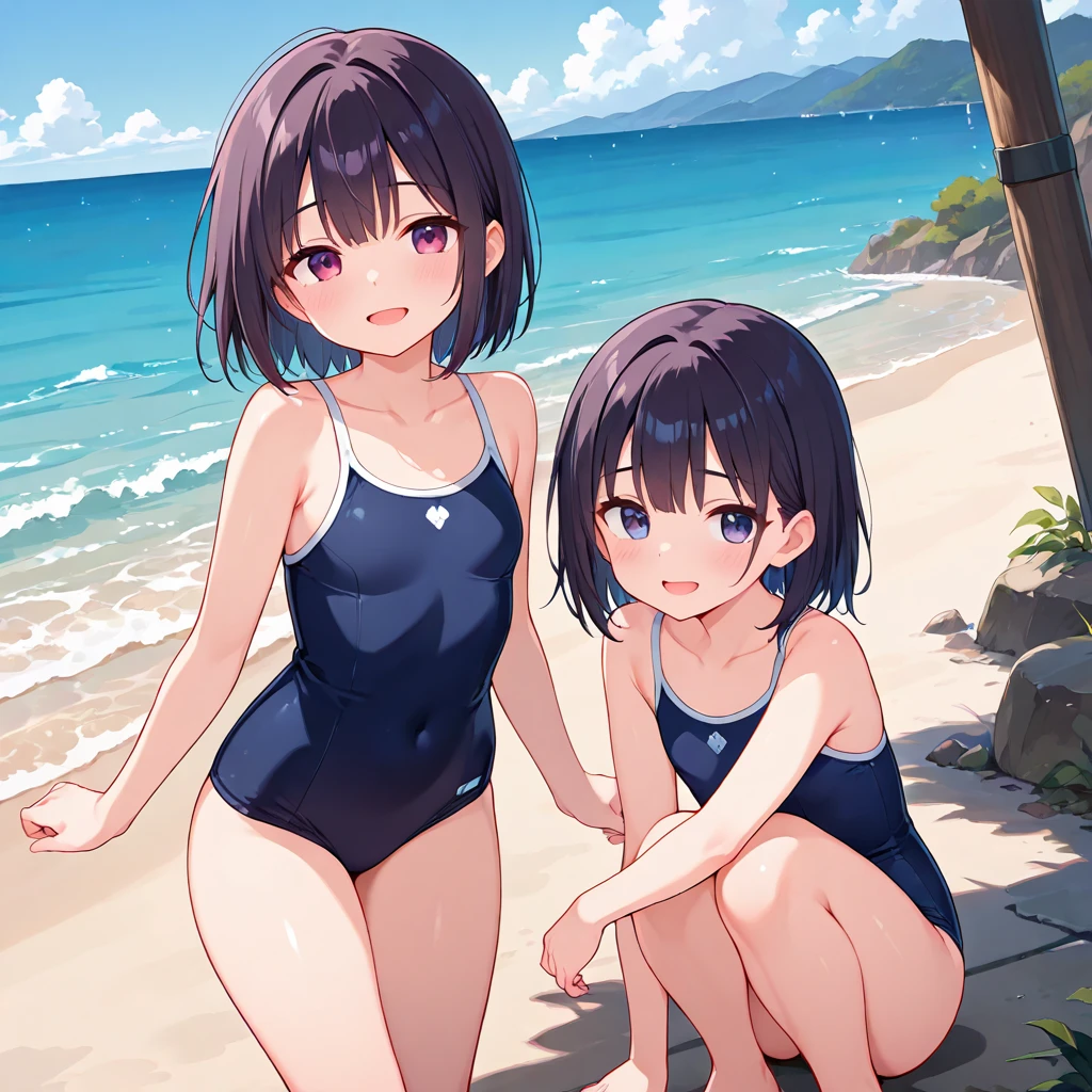 ランダムなポーズ、Random patterned swimsuit、Random patterned swimsuit,Swimsuit,Blushing、short hair、Black Hair、Pale purple eyes、Head to toe full body、Blushing、Embarrassed look、Composition from the front、A view from slightly below、school swimwear、Acme Face、Random pose、, 、nsfw、Highest quality、1 girl、solo、Ocean、Sandy Beach、Sexy pose、Random pose、Blushing、wet、Embarrassed、I can see half of my 、、One piece swimsuit、(Strap slip:1.3)、