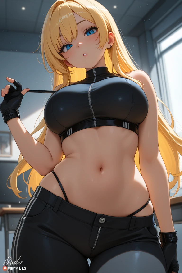 blonde hair, long hair, ponytail, blue eyes, black and white striped jumpsuit, prison uniform, prisoner, prisoned, jailed, jail cell, huge breasts, handcuffed, chained