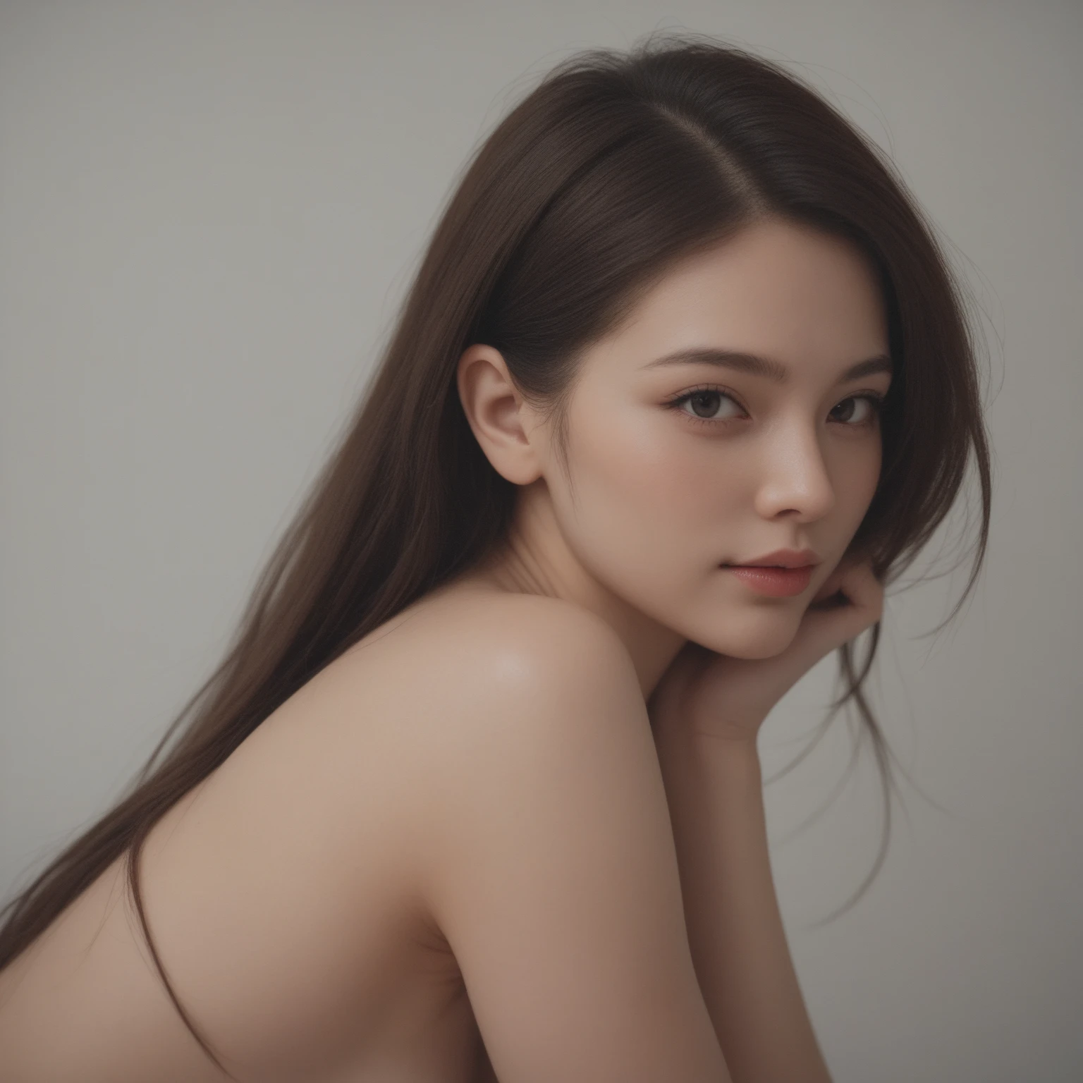 (((Full nudity))、slouch、Gray background、Cute woman、Backwards、Looking from below、Red lipstick、Purple Eyeshadow、Glaring、