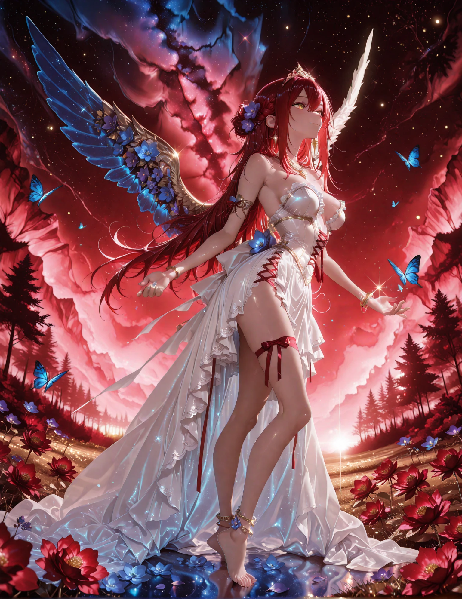 (Best quality), (masterpiece), (an extremely detailed beautiful:1.2),
(full body), 1 girl, the girl dancing in a pool of blood, (dancing:1.25), (red pool of blood:1.4), a lot of (blood:1.4), (white and red feather wings, blood wings:1.28), (Mixed hair:1.2), long hair, curly hair, (halo:1.18), (red halo on the head:1.28), solo
(Squinting, smiling), (crazy:1.3)
(Holy white and black Lolita dress, lots of ruffles and lace, Bare shoulders, cleavage), (White stockings stained with blood), (Blood on legs), Red rose hair flower
(In the white church), a lot of splattered blood, flowing blood, (floating blood:1.3), (the church and stained glass Windows), (detailed church)