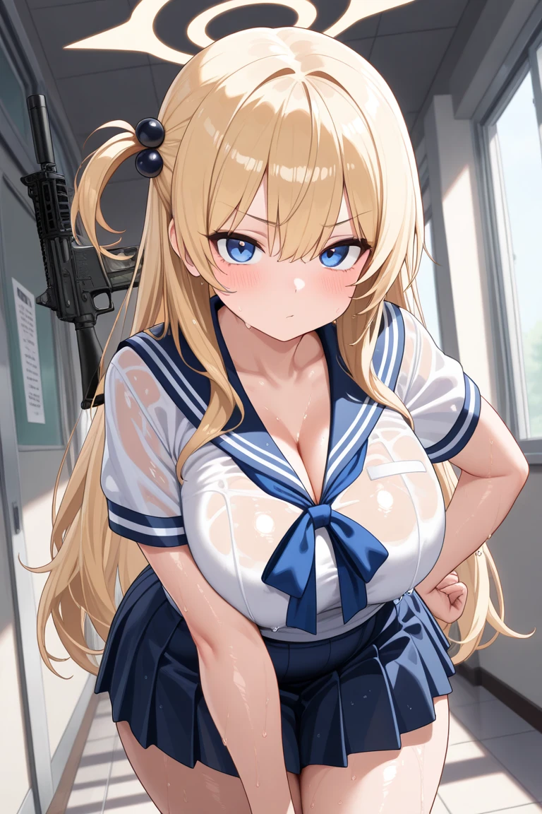 (throw_hand grabbing 胸), One girl, One boy, highest quality, Super detailed, masterpiece, Ultra-high resolution, 8k, Ridiculous, Cowboy Shooting, Blurred, One girl, Focus on the girl, Embarrassing, blush, Lovely, Close one eye, With tears in her eyes and her mouth open, What saliva leaves behind, Wet skirt hem, (Sticky panties:1.1), Bulging of the vibrator cord, Vibrator with Garters, (cleavage), Classroom Background, (Fleet Collection, Island Breeze), The skirt is accidentally exposed,(medium breasts), Accidentally exposed panties