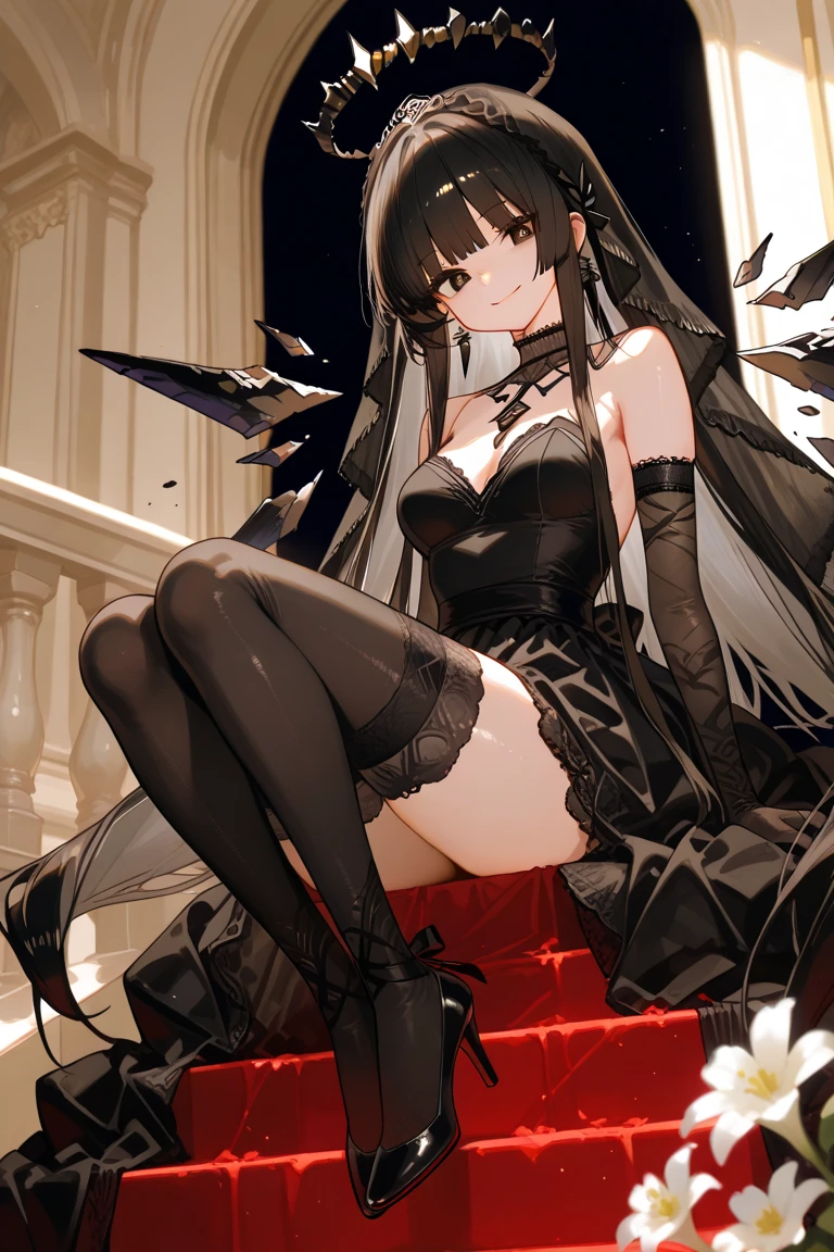 masterpiece, ultra high quality CG, best quality, perfect picture, solo, Velvet Crowe (yellow eyes, white skin, messy black hair too long, choker, small breasts, lipstick, makeup, eyeliner) using mistress corset with pantyhouse, holding a chain, on a basement, showing perfect feet, low angle shot