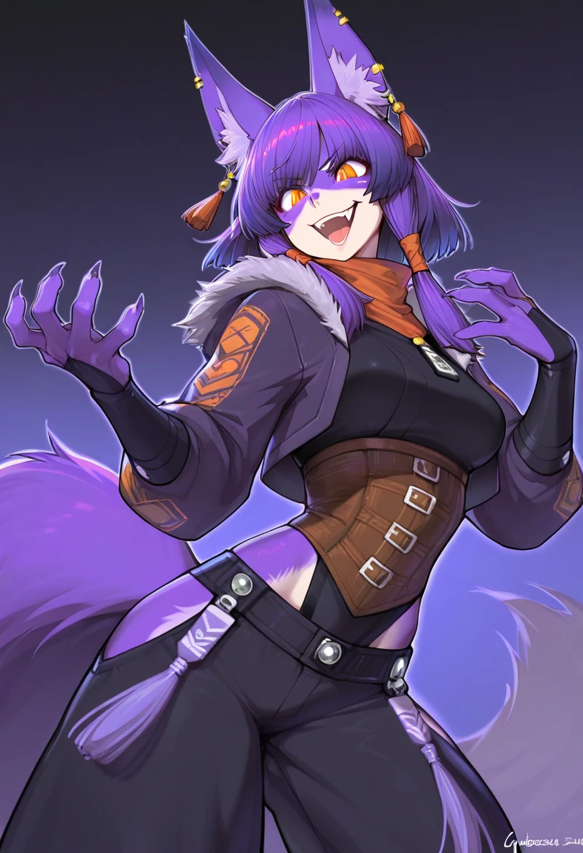 Furry wolf character with white fur with gray, blue green and purple hair, wearing long striped stockings