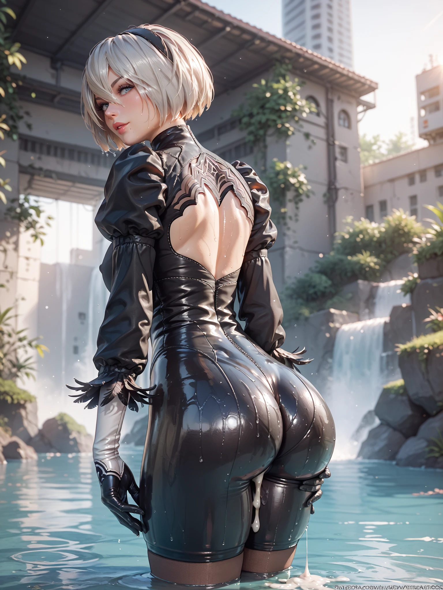 (photorealistic:1.3, highest quality:1.3,8Kmasterpiece, masterpiece:1.3,High resolution,muste piece:1.2),23 year old woman,solo,bondage fashion,(NIKKE), (shiny bodysuit,choker, tights,Knee-high boots)、(Point your butt at the camera:1.3)、(looking at the camera:1.1)、(short hair:1.2、bright blonde:1.5), (blushing:1.3,smile:1.3)、(look back:1.3), (Bold pose with legs spread, dynamic pose:1.2), background(snow scene:1.3, ruins:1.3),(Butt visible through clothes),(slender),(young skinny gravure idol, sophisticated gravure idol),(detailed perfect face), normal hands:1.5, normal fingers:1:5, normal feet:1.5,(cameltoe, camel's feet)
