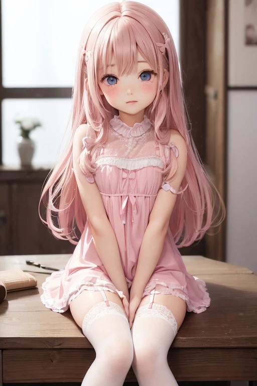 (highest quality,4K,High resolution,masterpiece:1.2),Very detailed,Realistic,Beautiful details,Beautiful lip detail,Long eyelashes,Pink Hair,short hair,smile,5 year old girl, (bikini),Cute expression,Hilarious,Playful,Girlish,Bokeh,Soft lighting,stand、feet