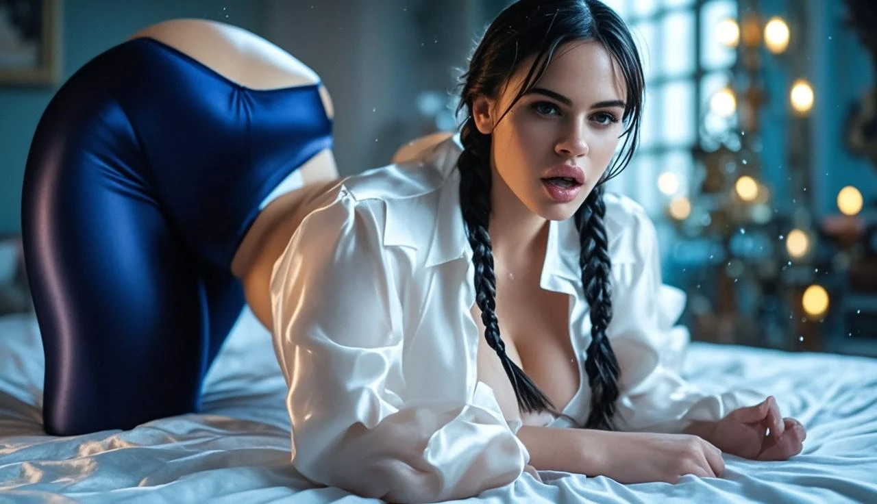 2 hot European girls, squeezing butt, 18 years old, happy, laying flat on bed, full butt showing, one-half view from side, one-half side view, surprised, shocked, athletic body, long wavy hair, very oily shiny butt), (Portrait, wide zoom-out), (Masterpiece, high quality, high resolution, volumetric lighting, subsurface scattering, 8k, dim-lighting, dark lights, moonlit, Beautiful women, college students, uniform, (ripped translucent transparent see-through short-sleeve shirt), (perfect round butt), (medium-breasts), headband, luxury, (stone dungeon, dirty dungeon), sexy pose, tiny cotton thong underwear, perfect eyes, perfect hands, perfect hair, masterpiece, anatomically correct, textured skin, high details, high quality, best quality, highres, 16k