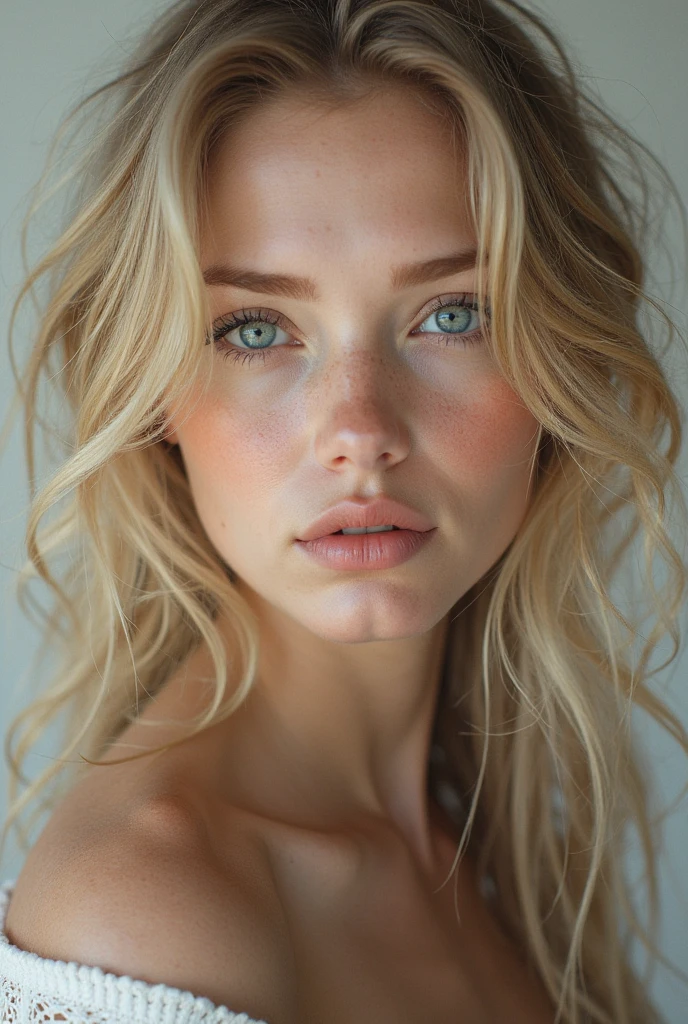 naked  blonde, small tits, fat pussy lips, patch of hair above pussy