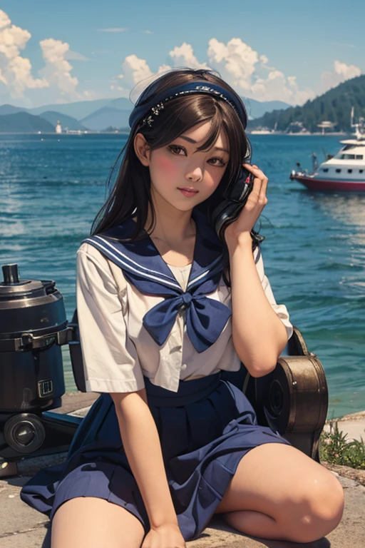 A girl wearing a sailor suit and a sailor hat is sitting on the dock
