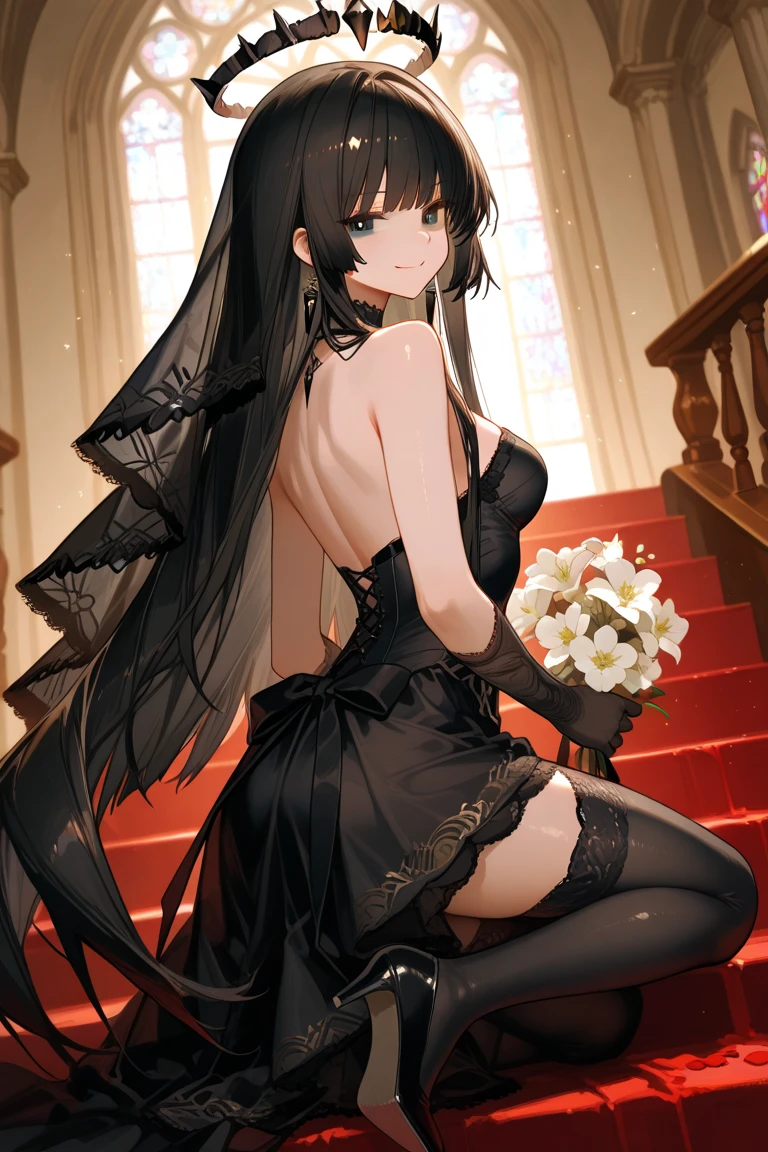 highly detailed skin, highly detailed face, (beautiful detailed eyes, red cheeks, smile), ((a girl stands)), The girl is a cute 18 year old bride, ((no panties, Cute, thin pubic hair)), (Not wearing a bra, small breasts, cute nipples), (Black Wedding Dresses), ((black heel shoes)), (white tights), lace short skirt, black hair, straight long hairstyle, flower hair ornament, earrings, black lace gloves, The Veil of the Bride, bride tiara, beautiful necklace, church chapel, A blizzard of falling flowers, ((Photographed from the front so that the girl's whole body is included)),