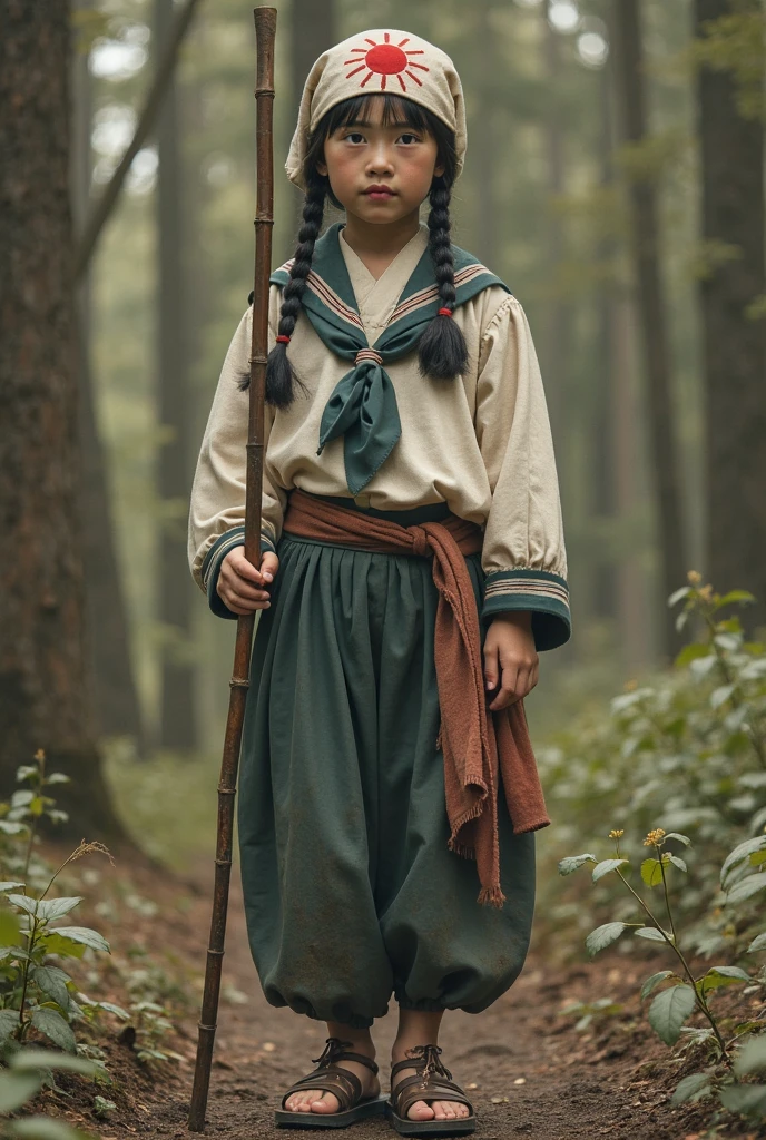 Fairytale Kingdom of Fantasia. ((((10-year-old)) Atreyu)), olive-green skin, athletic, brave, wise, kneeling down, in the foggy sadness swamp, ((exhausted expression)). ((((suede and leather indigenous clothings)))), ((bluish-black hairstyle))