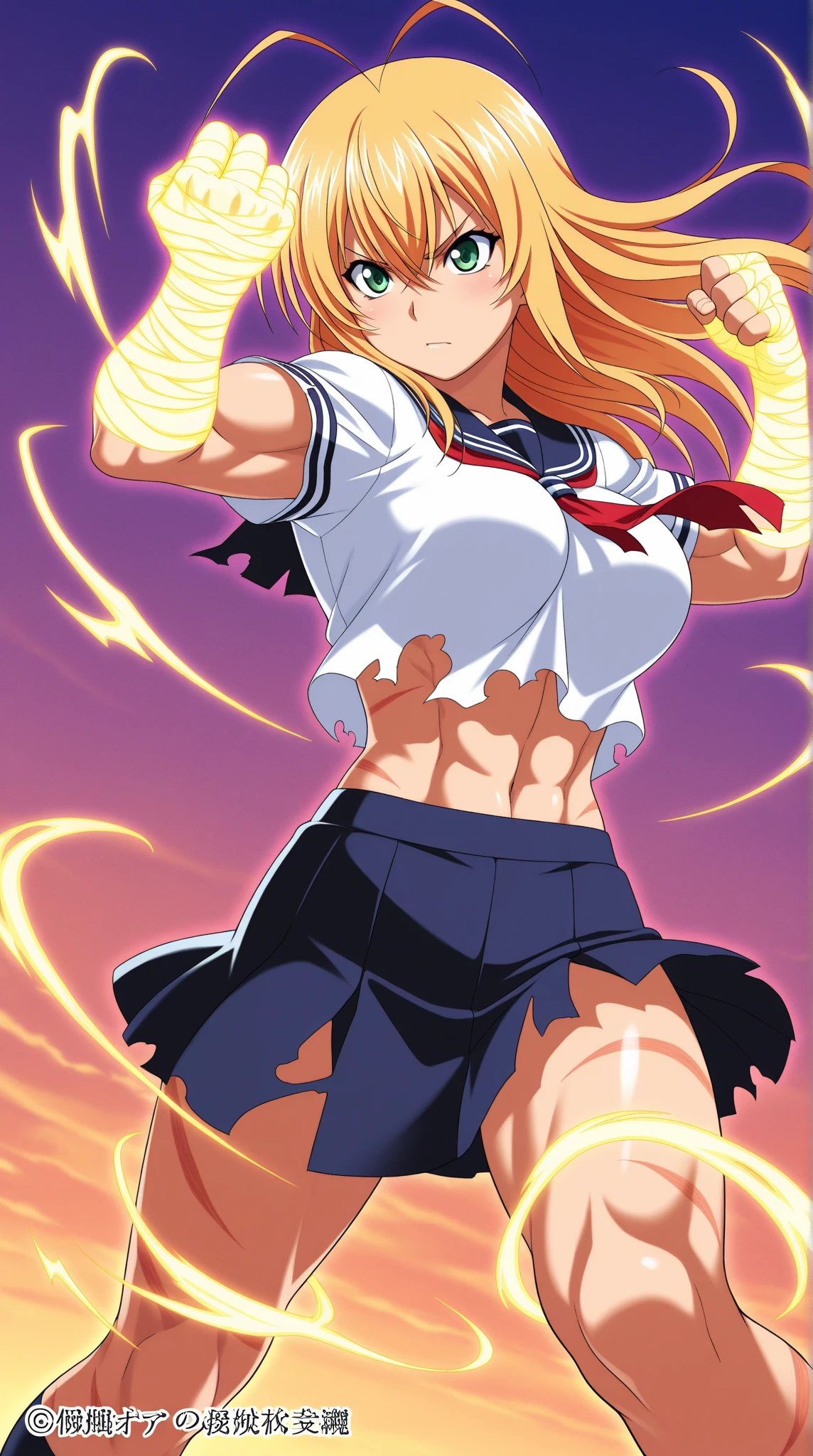 Himiko toga, muscular girl, posing, lightning effect, one for all, himiko Toga's uniforme, abs, biceps, beige school uniform