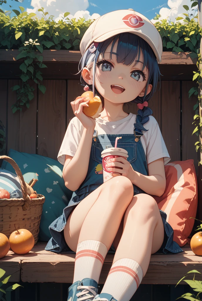 Photorealistic、Chibi Girl Doll(Drinking a fruit smoothie on the grass in the park)