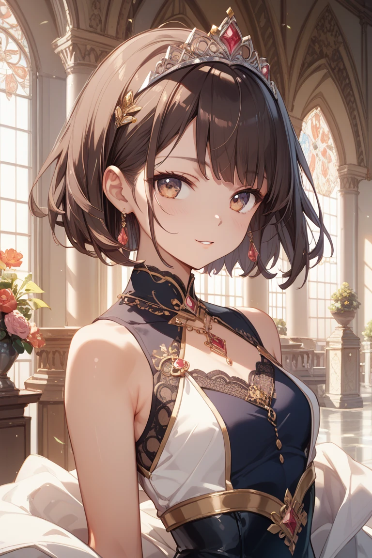 pale girl, brown lower back lenngth brown hair, one eye blue the other red, wearing a black dress, soft features.