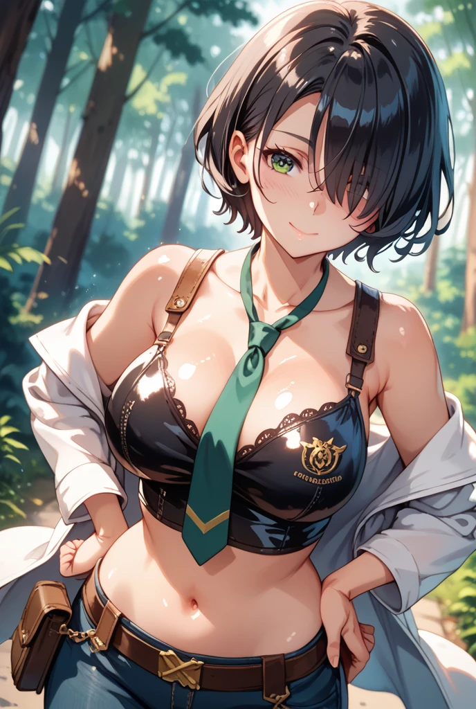 1girl, solo, hunter, undressing, ((show off large breasts)), ((openly nipples)), 4fingers and 1thumbs, ((aim with a crossbow)), in forest