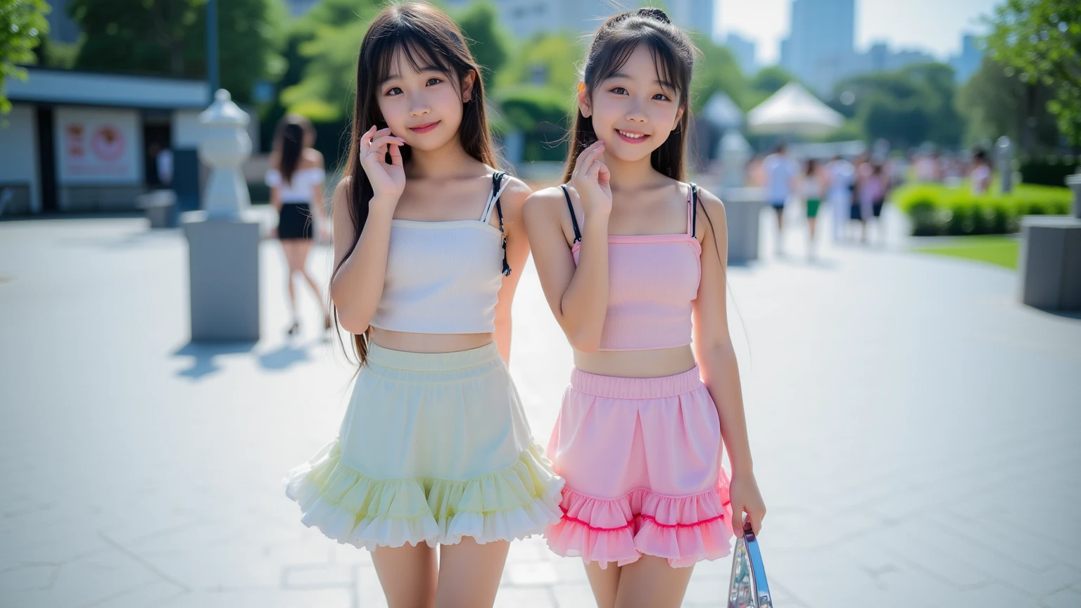 8k,masterpiece,Portrait Photography,Japanese,8-year-old girl,Big eyes,Fine grain,delicate,Extremely small breasts,Neat,Cute outfit,Inside the elevator,Bright spot,The light makes the clothes transparent,Both arms raised,Girlish clothes,Cute stage costumes,Summer Dresses,separate,Quite short in length,My belly is visible,Light clothing,Mint green,Neat服,Cute earrings,camisole,Detachable collar,Sleeveless,Extremely short skirt,Micro mini chiffon skirt,Lace hem,Lace on the chest,ribbon,Medium-long hair,Cute Accessories,choker,Cute sandals,Cinematic lighting,Natural smile,Natural pose,Reader model for children&#39;s fashion magazine,