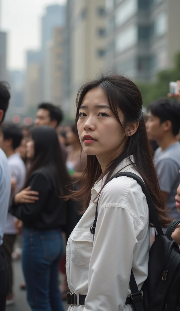 A girl sweating while making part of her clothes look transparent in the middle of the city