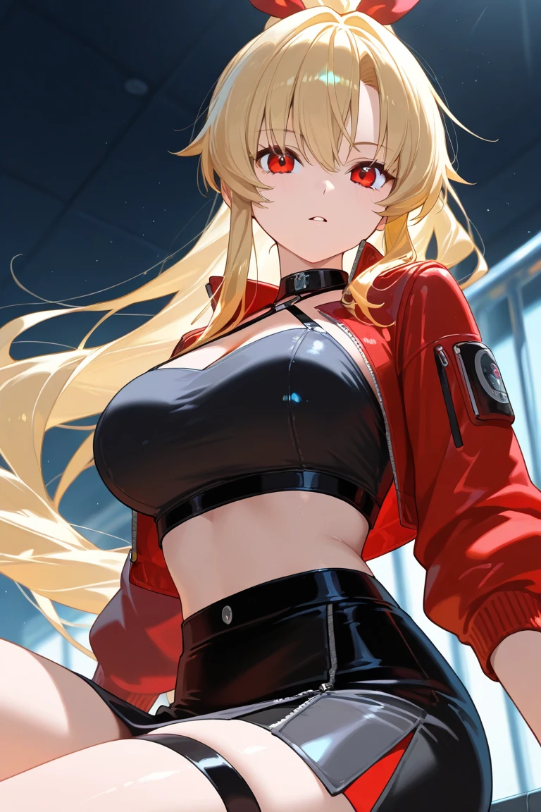 ((supermodel pose one hand on hip)) ((magnificent, majestic)) ((the most beautiful supermodel)) ((tan skin)) ((cute smile)) ((Big blue eyes, sunglasses)) ((very dark eyeshadows makeup)) ((bright red lips)), ((long straight blonde hair, bright hair:1.3)) ((big breast:1.5)) ((slender body:1.3)) ((wear leather jacket and skirt)) ((bikini bra)) ((inside photo studio with black background and light reflectors on her)), ((high definition:1.5) ((masterpiece:1.5))((8k:1.5)) ((Best quality:1.4)), more_details:-1, more_details:0, more_details:0.5, more_details:1, more_details:1.5, more prism, vibrant color