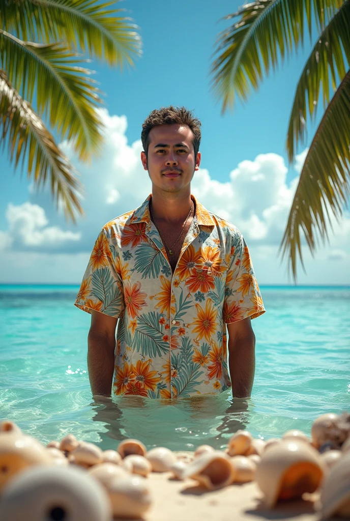 A muscle man short hair, RAW, UHD, 8K, looking at camera, on a yacht at sea, vacation photo, Paradise Island, colorful Hawaiian shirt with buttons, candid, amateur, natural lighting , perfect day, [smiling]