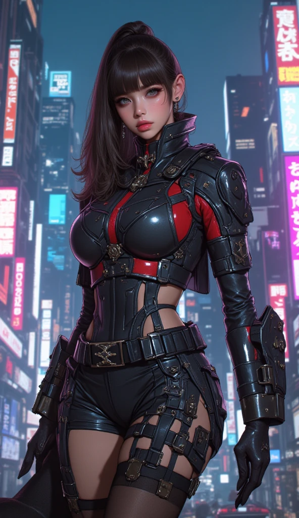 (1girl in)、(Plump beauty)、(30-years old)、(Top image quality)、(8K picture quality)、(cyberpunked)、(masutepiece)、 (Flickering of light)、(Wear a cyberpunk military uniform)、cinematric light, Cinema Shadow, Sharp Image, Extremely detailed, Volumetric, Bright sprites, particles effect, beautiful effects, Vivid colors, neons, Neon light, Highly detailed image textures, detailed hairs, Detailed face, Detailed eyes, Full body photo, city、Dark hair、Eyes glow、Sparkling red aura、Photo from the knee up、Legion of Machines、