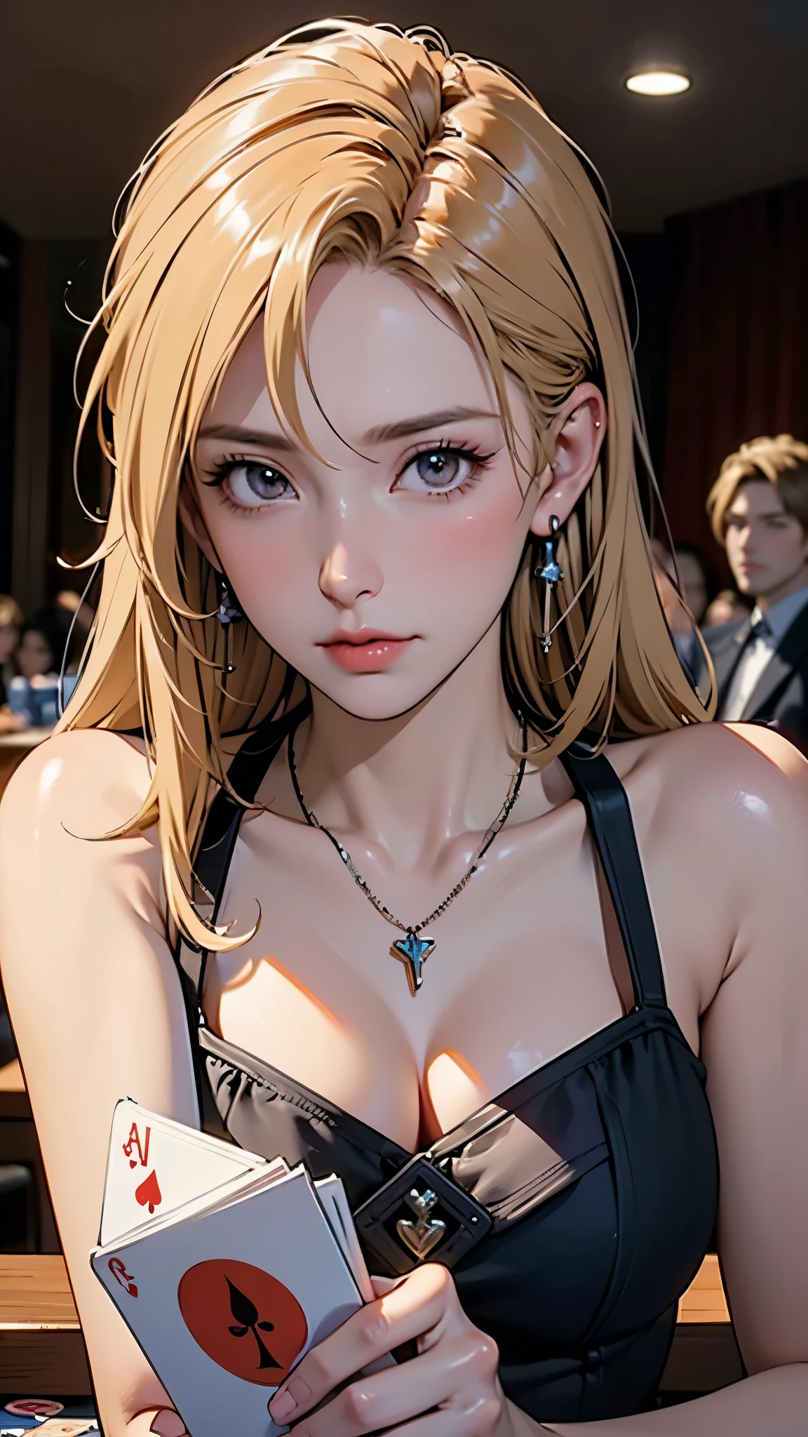1girl, (mikotoaiura), blonde hair, bracelet, green eyes, cleavage, black dress, earrings, ((hairclip)), long hair, necklace, stage, stage lights, sweat, gyaru, dark skin, ((close-up)), <lora:Mikotov3-000006:1>