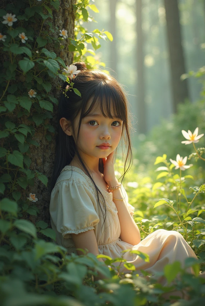 girl peeing on tree, detailed realistic painting, highly detailed, hyperrealistic, beautiful detailed eyes, beautiful detailed lips, extremely detailed face, long eyelashes, detailed realistic environment, lush green forest, sunlight filtering through trees, photorealistic, 8k, masterpiece, intricate details, vivid colors, natural lighting, photo-realistic