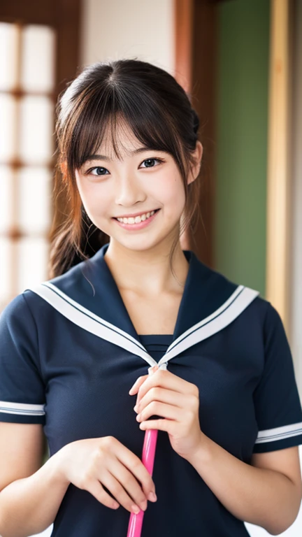 from outside, Lens 135mm f1.8,(Best Quality),(masutepiece:1.1), (Beautiful 14 year old girl),japanaese girl, Cute face, ((flat chest)), (Small breasts), (Chiseled face:0.7), (hitornfreckles:0.6), Cute lips, Dappled sunlight, Dramatic Lighting, (Japan school uniform), (in a school), ((photo from the waist up:1.2))、Are standing、The body is facing the viewer、cute smile, not wearing underwear、no_bra, ((dark blue Pleated skirt:1.2))、thighs、thighsから上の写真、 白い半そでシャツ、胸元が開いたシャツ、
