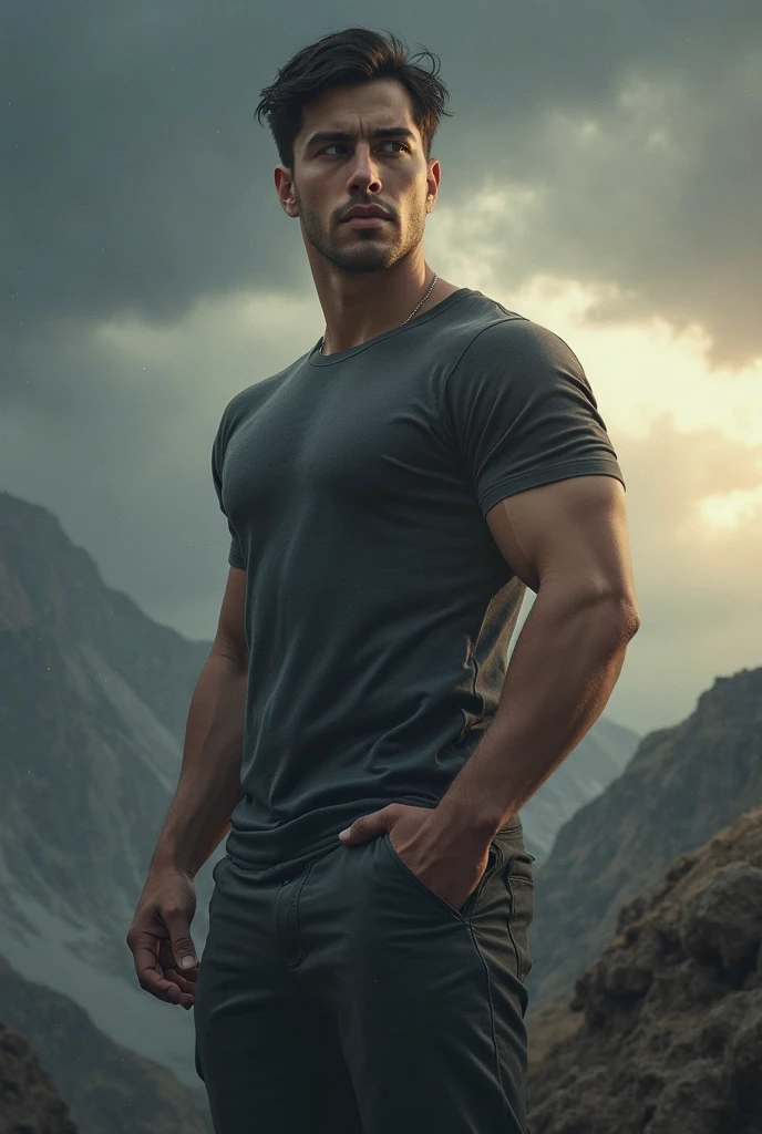 hot sexy Brazilian man, shirtless, standing in the mountains, dramatic landscape, vibrant colors, detailed facial features, soft natural lighting, hyperrealistic, cinematic composition