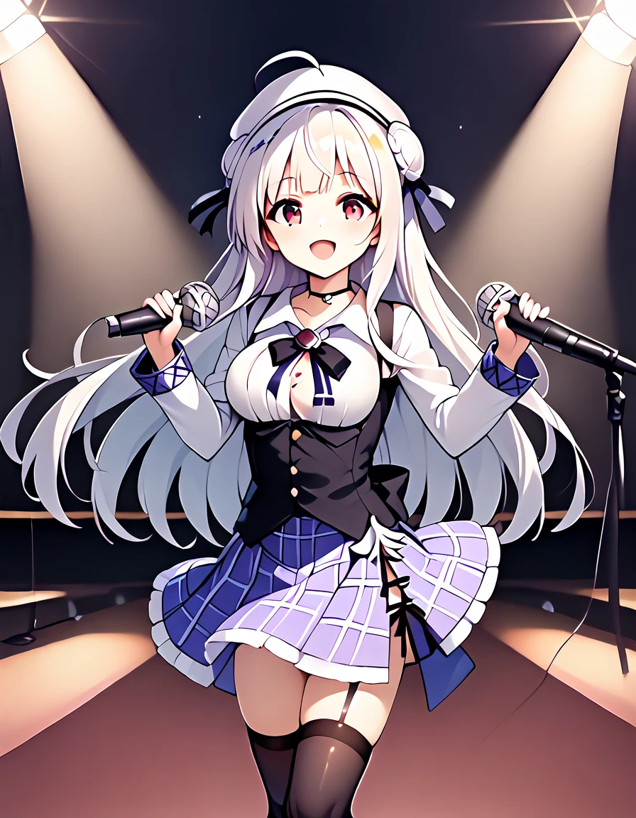 A girl in a white tuxedo sings on stage with a microphone、Dark and old bar、Anime Style、Behind him are band members in white tuxedos.