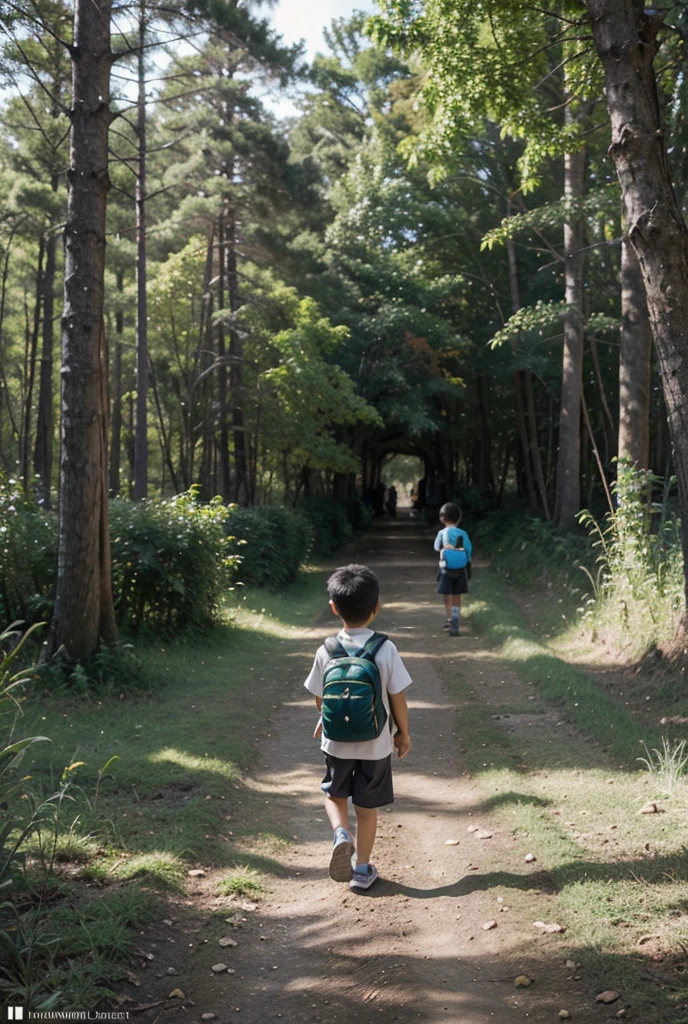 A boy walking through a dense forest、How a tick is attached to your skin without you noticing。A tick is seen clinging tightly to the hair on the boy's leg.、A slightly creepy and realistic depiction。
