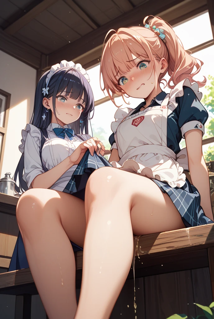 Cute Girls, Lifting the apron, Spread your legs and show your panties, Purple panties, Show off smooth armpits, Sweaty body, ponytail, Brown Hair, Embarrassed look, light Purple panties, Detailed panties, In front of the classroom, Semen-covered body, Wet body, Cover your face , Unbuttoned shirt, Small cleavage