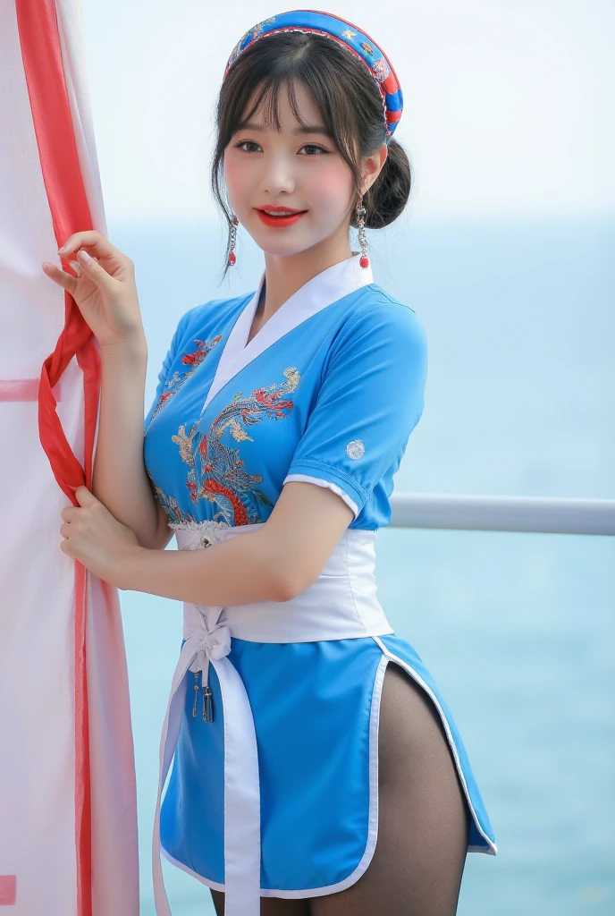 (8k、Raw photography、highest quality、masterpiece:1.2),(black hair、very short hair:1.7),(cute japanese woman:1.4),show viewer,Looking at the front,erotic,white skin,(Street Fighter Chun-Li 、wearing a blue cheongsam:1.6)、(Clothing that emphasizes the shape of your chest、publish one'Skin:1.5)、(big breasts :1.4)、slim body shape、ultra high resolution,beautiful,beautiful fece,(alone, alone、no background:1.9),whole bodyボディー,(Photoreal:1.37)、photon mapping,reality、(Baby-faced and cute: 1.3)、(cute smile: 1.7)、(With a round face: 1.8)、radio city、Physically based rendering、depth of field rally background、photograph, (I can see your knees,close up of thighs、Short cheongsam、I can see white pants:1.6),whole body、super fine