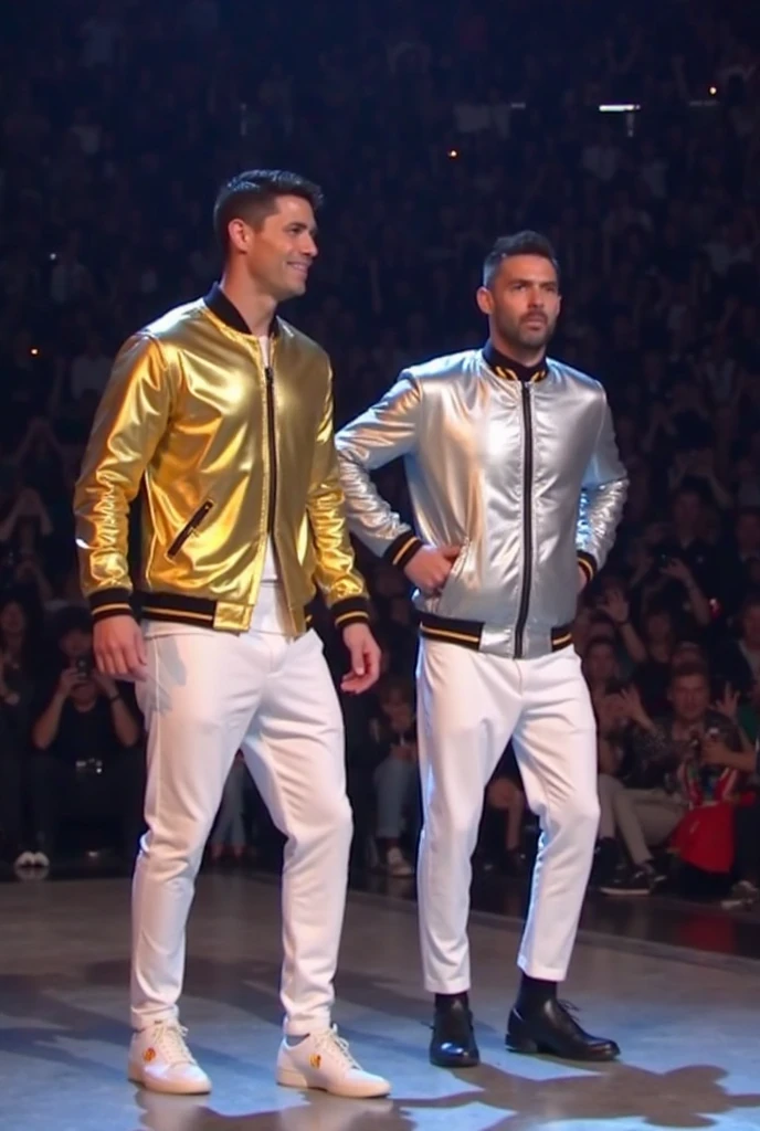 1man,(2heads), American, no facial hair, gold unitard,((very big bulge visible)) , no body hair,  blonde hair, brown hair,  sexy smile, standing, posing, , very wet skin, skinny,((huge bulge)), posing on a catwalk at a fashion show