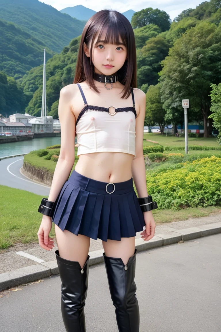 machine on head,Restrained to a chair,leather collar,shackles,white fabric bikini,dark blue socks,one girl,brainwashing,My memories are being erased...