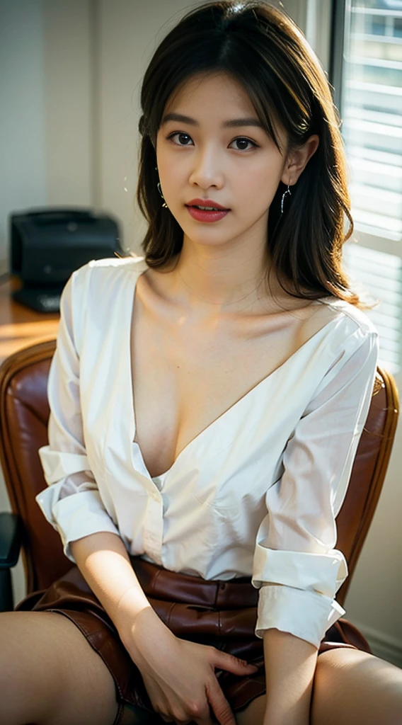 8k wallpaper,top-quality,masuter piece,ultra-high resolution,HDR,Photo Real,Cute girl, 23-years old,large boob, big breasts,Looking at the camera,solo, thin waist,enchanting posture, enticing, Attractive facial expressions, diffused lighting, detailed background of office, light on face, Close to camera,coquettish expression, dressed in business attire, including a blazer and blouse,(medium close-up shot:1.5),(ecstasy:1.3) ,(slut:1.2),(vulgarity:1.3),(fucked silly:1.1),(orgasm:1.5),(cleavage-enhancing:1.2),bokeh