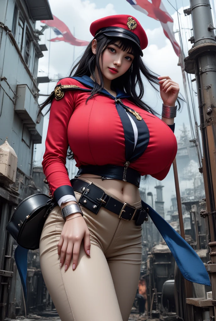 Ultra realistic illustration,hyperrealistic,pixiv,sharp focus, dramatic, dynamic lighting, (1girl), solo,zaradef, twintails, beret, dress, epaulettes, black thighhighs, white gloves,(gigantic breasts:1.5),naughty face,dynamic pose,abs,muscular female,huge ass, large hips,chain,(forced smile:1.5),(detailed body:1.5),narrow waist,(depth of field:1.4), full shot