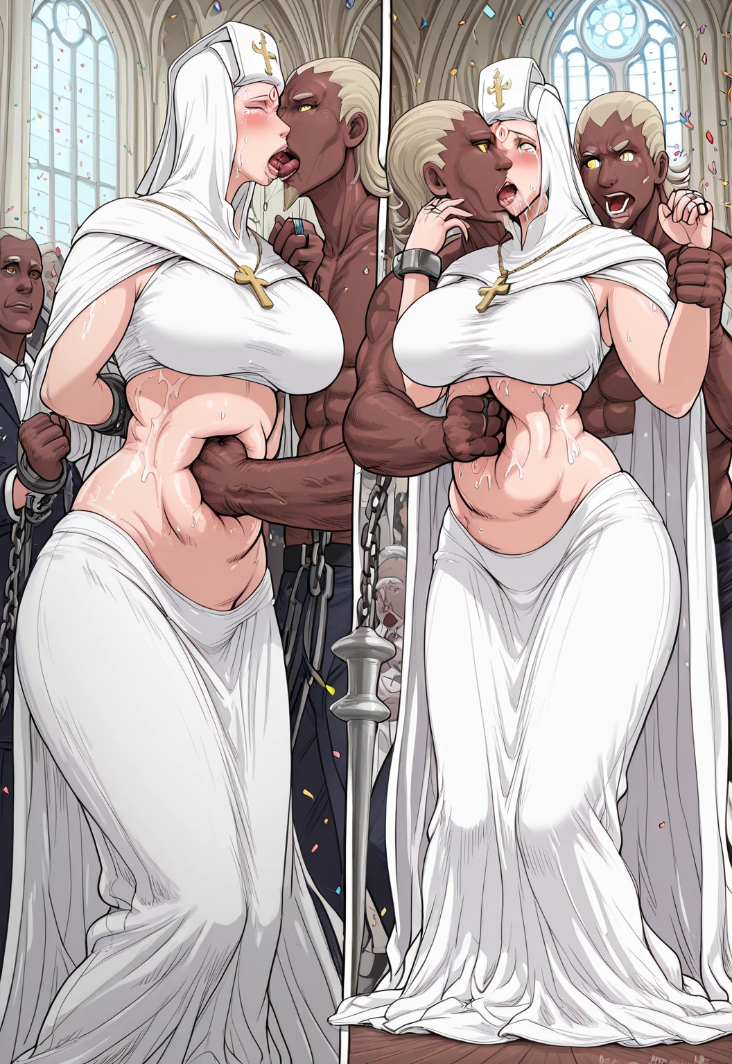 (masterpiece, best quality: 1.2), ultra detailed, unreal engine, 4K ultra HD, amazing art, (aphrodite from Record of Rafnarok), her giant breasts are being held by two muscular grey featureless men, nipple_outline, hard nips, massive breasts, skin indentation, perfect breasts